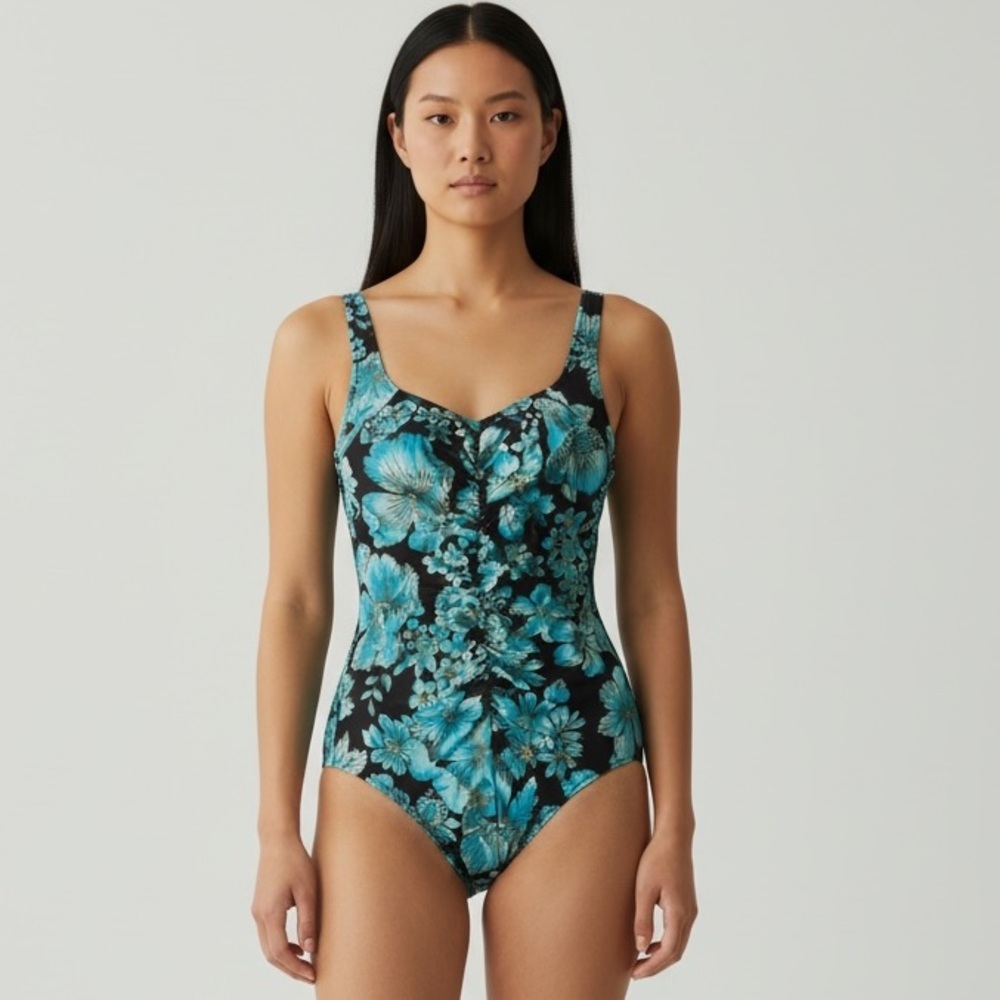Maxine of Hollywood Blue Floral One Piece Swimsuit Retro Pinup Tummy Control 10 - Picture 2 of 7